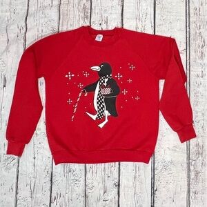 Vintage 80s Penguin Ugly Christmas Xmas 1980s Red Crewneck Pullover Sweatshirt
